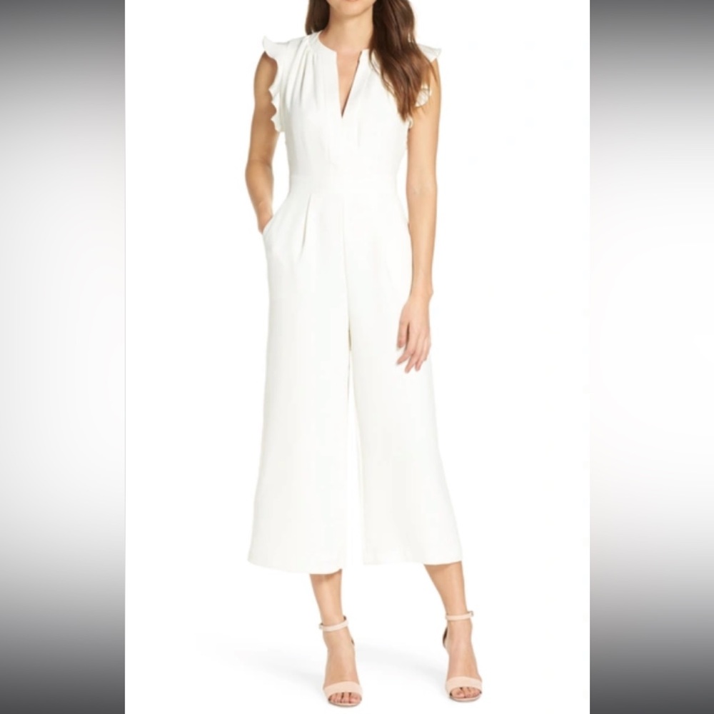 Vince Camuto Ruffle Wide Leg Crop Jumpsuit - Ivory